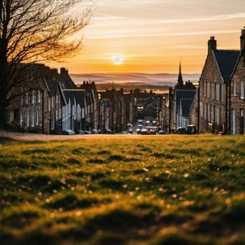 the sun is setting over a town with a grassy field in front of it