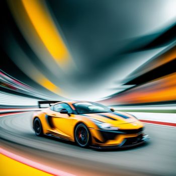 yellow sports car speeding on a track with blurry lights in the background