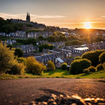 the sun is setting over a small town with a church in the distance