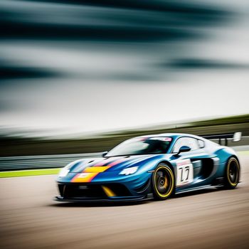 blue sports car speeding on a track with a blurry background