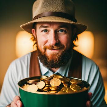 man with a beard and hat holding a bowl of gold coins