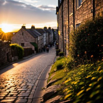 the sun is setting over a cobblestone street in a small town