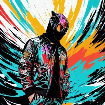 man in a colorful jacket and mask standing in front of a colorful background