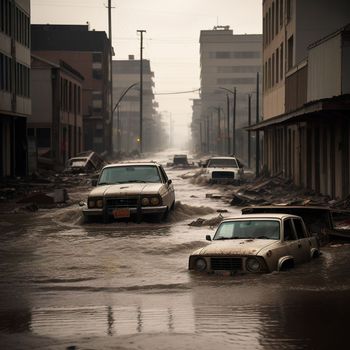 flooded city street with cars and trucks in the middle of it