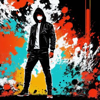 man in a hoodie and a mask stands in front of a colorful background