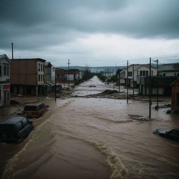 flooded street with cars and houses in the background and a cloudy sky