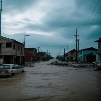 car driving through a flooded street in front of a row of houses