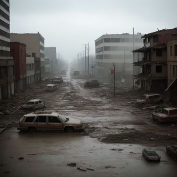 flooded city street with a car in the middle of the street