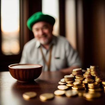 man in a green hat sitting at a table with a bowl of gold coins