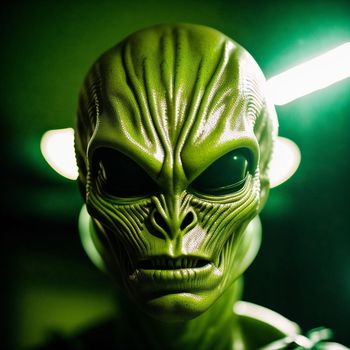 close up of an alien's head with a green light in the background