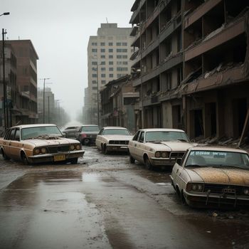 bunch of cars that are sitting in the street in the middle of the street