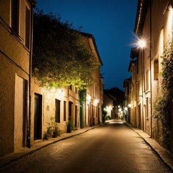 an empty street in an old town at night with lights shining on the buildings