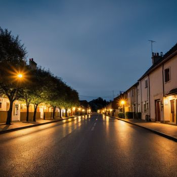 street at night with lights on and trees lining both sides of the street