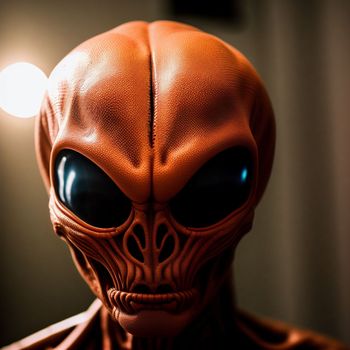 close up of an orange alien head with a light in the background