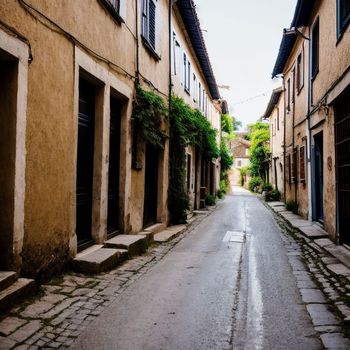 narrow street in an old village with no cars on it and no people on the sidewalks