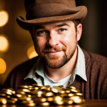 man with a hat and beard sitting in front of a pile of gold coins