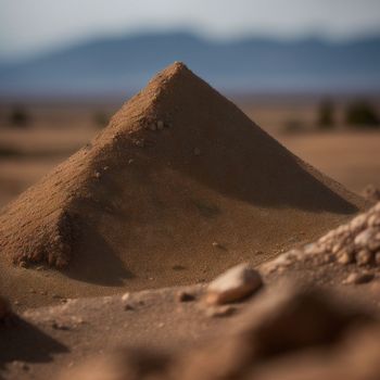 small mound of sand in the middle of a desert area with mountains in the background