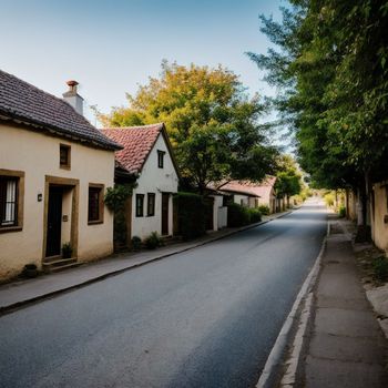 an empty street in a small village with houses on both sides of the street