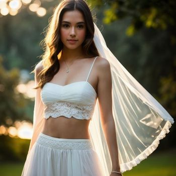 beautiful young woman wearing a white wedding dress and a white veil