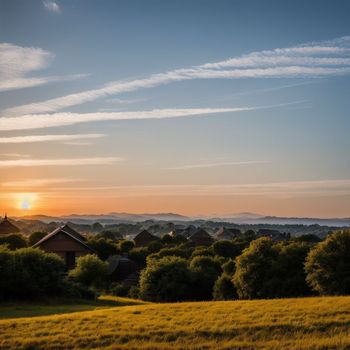 view of the sun setting over a rural area with houses in the distance