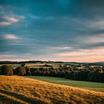 grassy field with trees and clouds in the sky in the background