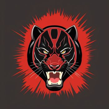 black and red tiger's head on a black background with red rays