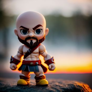 close up of a action figure on a rock with a sunset in the background