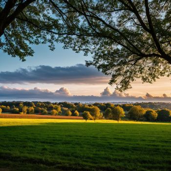 large field with trees and clouds in the sky in the background