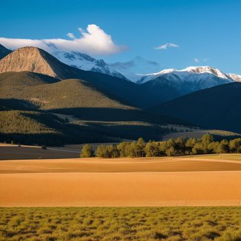 view of a field with mountains in the background and a few trees in the foreground