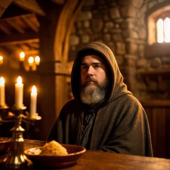 man with a beard sitting at a table with a bowl of food