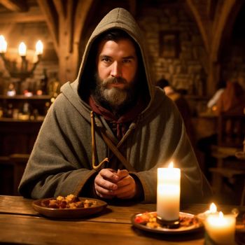 man sitting at a table with a candle in front of him