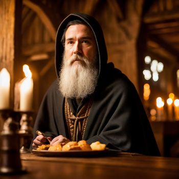 man with a long beard sitting at a table with a plate of food