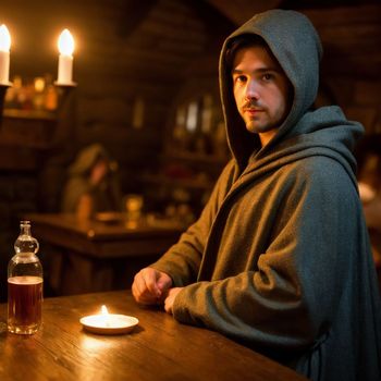 man sitting at a table with a candle in front of him