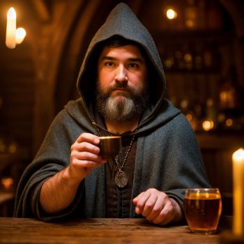 man in a hooded robe holding a cup of coffee in front of a candle