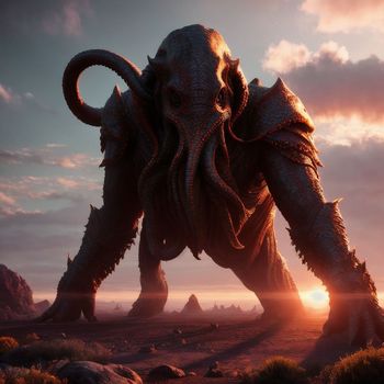 giant creature standing on top of a dirt field next to a sunset