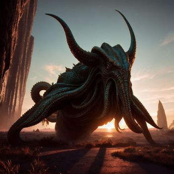 giant creature with long horns standing in a desert area at sunset