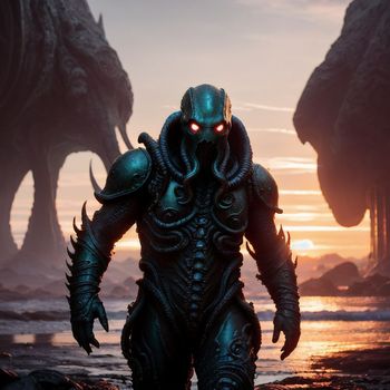 man in a futuristic suit standing in front of two giant monsters