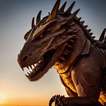 statue of a dragon with red eyes in the sky at sunset