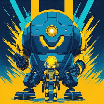 poster of a robot standing next to a robot in front of a yellow and blue background