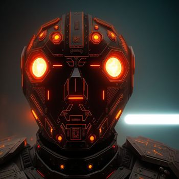 close up of a robot with glowing eyes and a glowing head