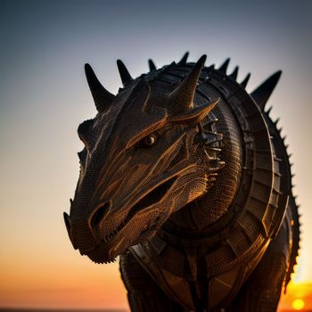 close up of a statue of a dragon with a sunset in the background