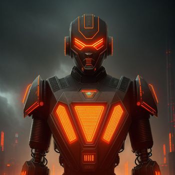 robot with glowing eyes standing in front of a city at night