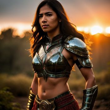 woman dressed in armor poses for a picture in the sun setting