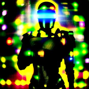 man in a futuristic suit standing in front of a colorful background