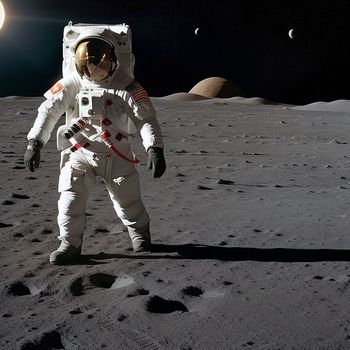 man in an astronaut suit standing on the moon with a full moon in the background