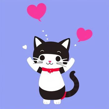 black and white cat with pink hearts floating above it's head