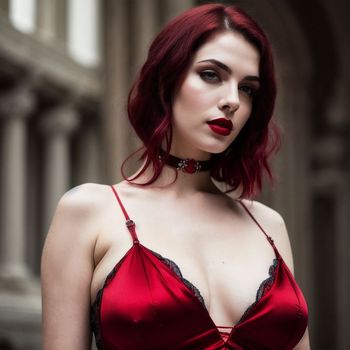 woman with red hair wearing a red bra and black lingerie