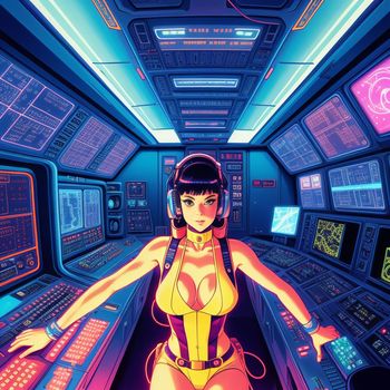 woman sitting in a control room in a sci - fi environment