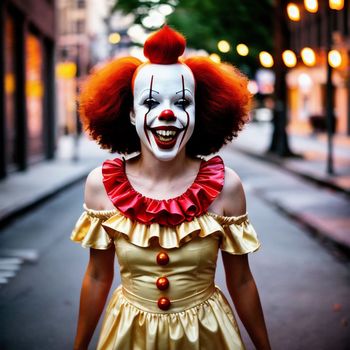 woman dressed as a clown walking down a street with a smile on her face