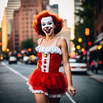 woman dressed as a clown walking down the street in a red and white dress